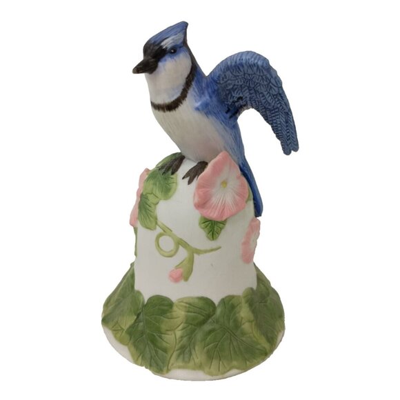 Vintage 2001 Avon Ceramic Blue Jay and Flower Bell Collectible Cottagecore - Picture 1 of 11